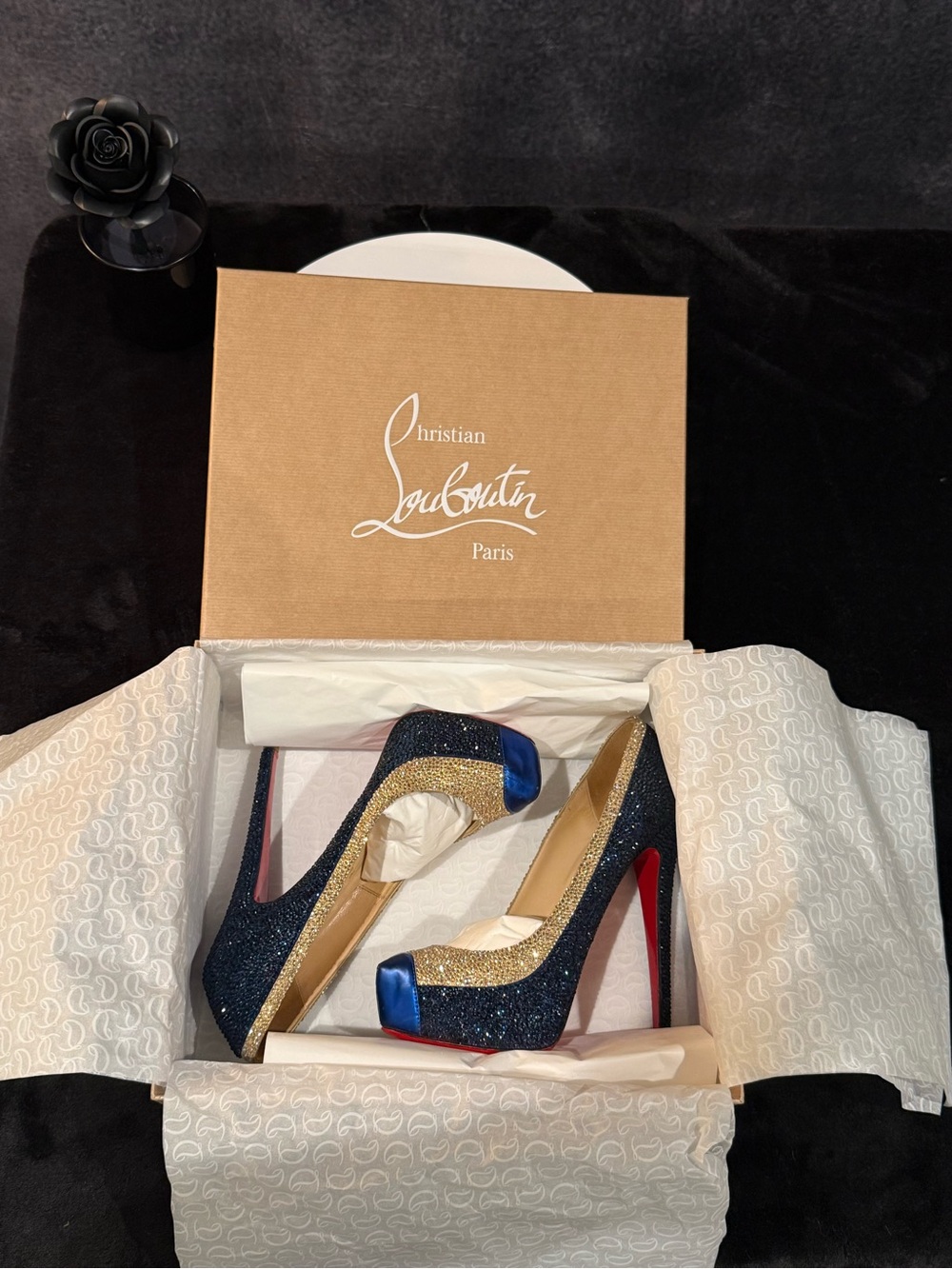 Christian Louboutin Blue and Gold Crystal (Rhinestone) Platform Pumps - Picture 11 of 12